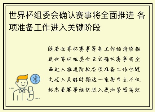 世界杯组委会确认赛事将全面推进 各项准备工作进入关键阶段 世界杯组委会确认赛事将全面推进 各项准备工作进入关键阶段
